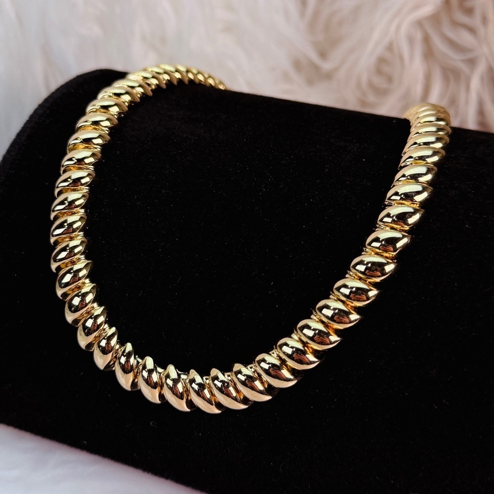 Bold Gold Tone Sculptural Ribbed Statement Collar Necklace Vintage Glam - Picture 12 of 12